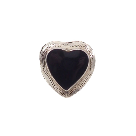 Vintage 1980s Black Onyx and Sterling Silver Heart Locket Poison Ring Size 6