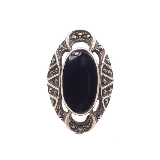Vintage 1980s Black Onyx, Marcasite, and Sterling Silver Openwork Oval Ring Size 7.25
