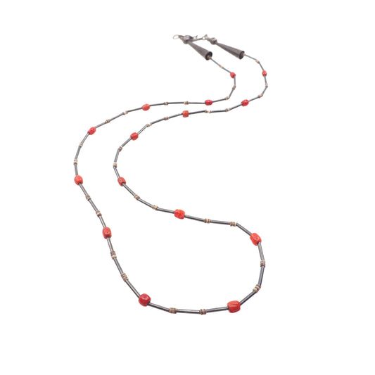 Vintage 1970s Navajo Native American Red Mediterranean Coral, Shell Heshi, and Sterling Silver Bead 27" Necklace