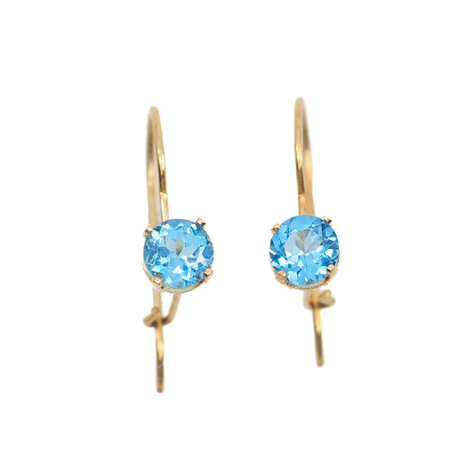 Antique 1910s Edwardian Blue Zircon and 14K Yellow Gold Kidney Wire Pierced Drop Earrings