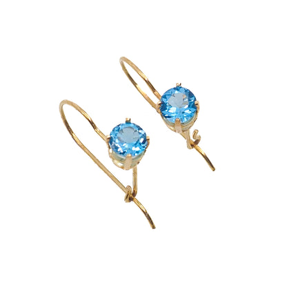 Antique 1910s Edwardian Blue Zircon and 14K Yellow Gold Kidney Wire Pierced Drop Earrings