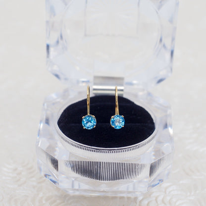 Antique 1910s Edwardian Blue Zircon and 14K Yellow Gold Kidney Wire Pierced Drop Earrings