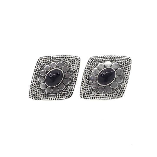 Vintage 1980s Black Onyx Cabochon and Sterling Diamond-Shaped Stud Earrings