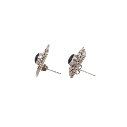 Vintage 1980s Black Onyx Cabochon and Sterling Diamond-Shaped Stud Earrings