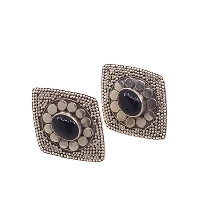 Vintage 1980s Black Onyx Cabochon and Sterling Diamond-Shaped Stud Earrings