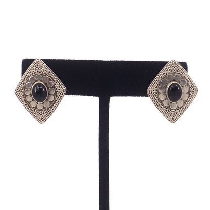 Vintage 1980s Black Onyx Cabochon and Sterling Diamond-Shaped Stud Earrings