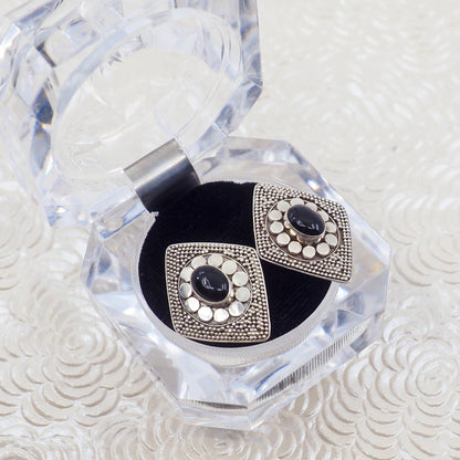 Vintage 1980s Black Onyx Cabochon and Sterling Diamond-Shaped Stud Earrings