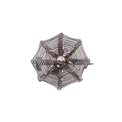 Antique 1900s Late Victorian 800 Silver Spider in Web Halloween Brooch