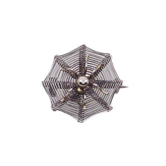 Antique 1900s Late Victorian 800 Silver Spider in Web Halloween Brooch