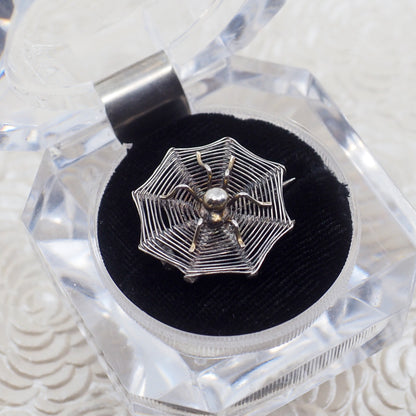 Antique 1900s Late Victorian 800 Silver Spider in Web Halloween Brooch