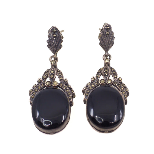 Vintage 1980s Art Deco Style Black Onyx, Marcasite and Sterling Silver Drop Statement Pierced Earrings