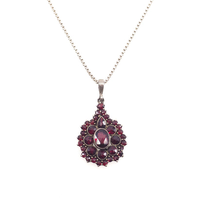 Vintage 1960s Swedish Rose Cut Red Garnet and 800 Silver Pendant Cluster 20" Necklace