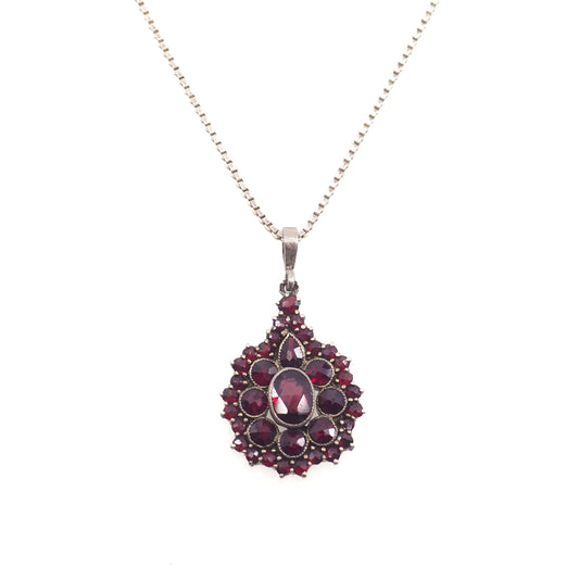 Vintage 1960s Swedish Rose Cut Red Garnet and 800 Silver Pendant Cluster 20" Necklace