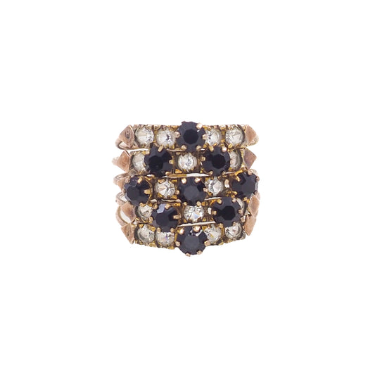 Vintage 1950s Black and Clear Paste 5-Band Gold Filled Cocktail Statement Ring Size 7.5