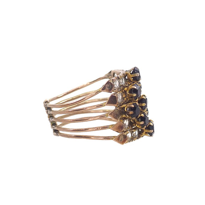 Vintage 1950s Black and Clear Paste 5-Band Gold Filled Cocktail Statement Ring Size 7.5