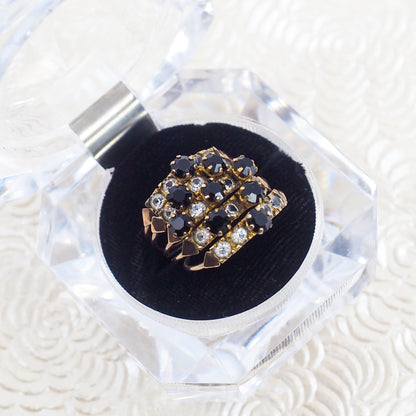 Vintage 1950s Black and Clear Paste 5-Band Gold Filled Cocktail Statement Ring Size 7.5