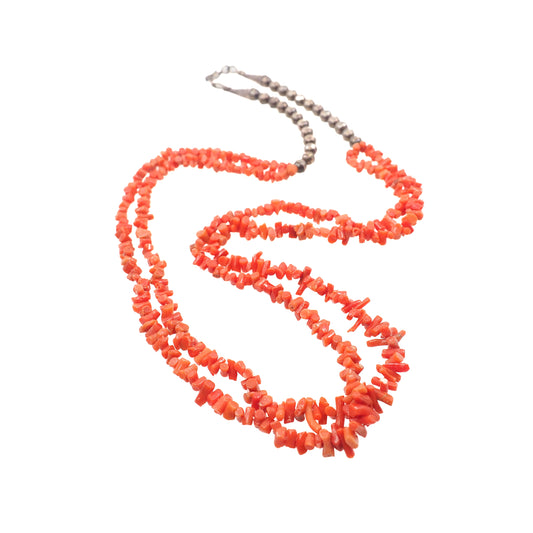 Vintage 1970s Navajo Orange Branch Coral and Sterling Silver Native American Double Strand Statement 25" Necklace