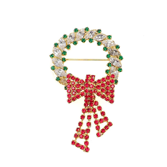 Vintage 1960s Red and Green Rhinestone Chunky Wreath Brooch - 60s Yellow Gold Plate Christmas Unisex Statement Brooch