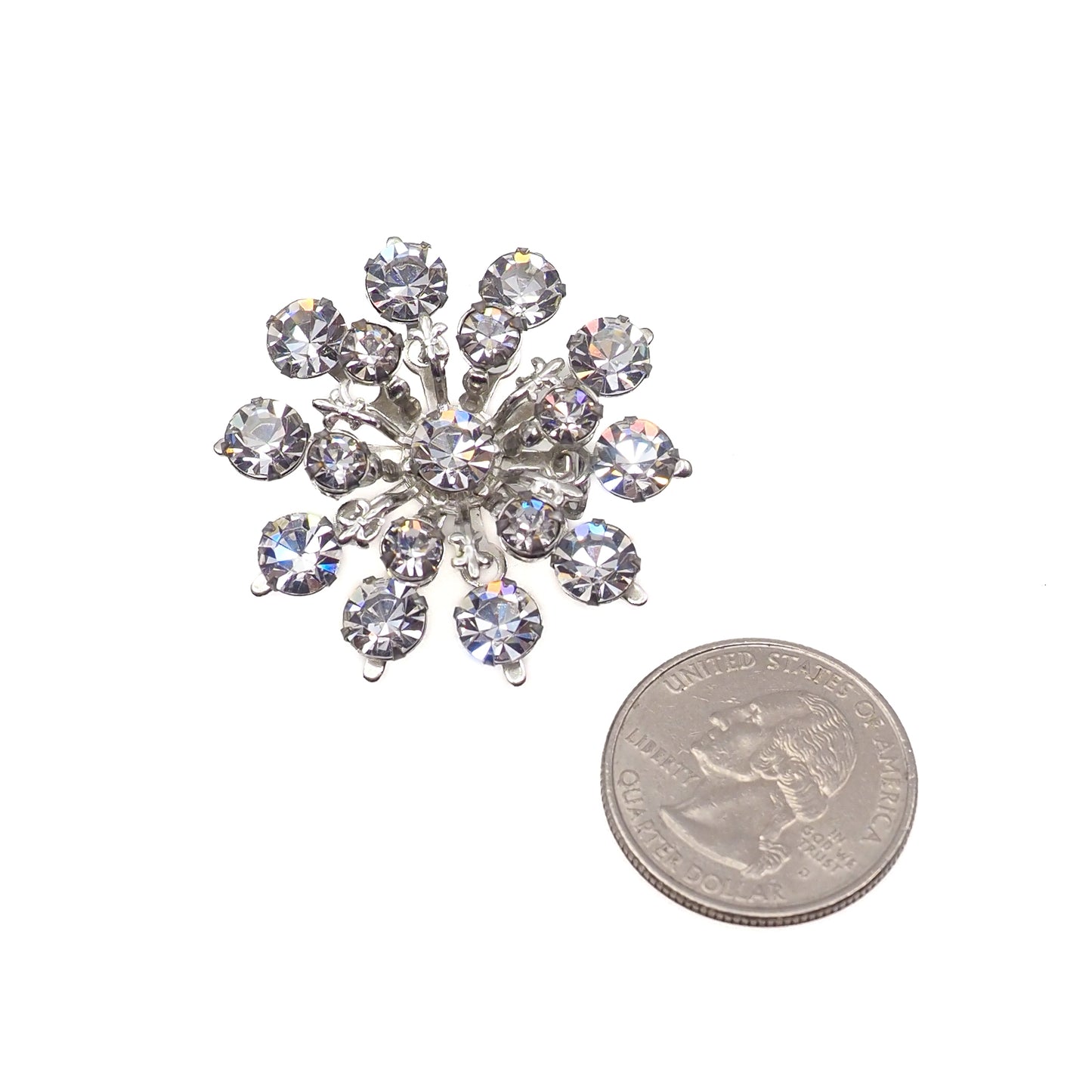 Vintage 1950s Starburst Flower Clear Rhinestone Atomic Fleur-de-Lis Costume Brooch