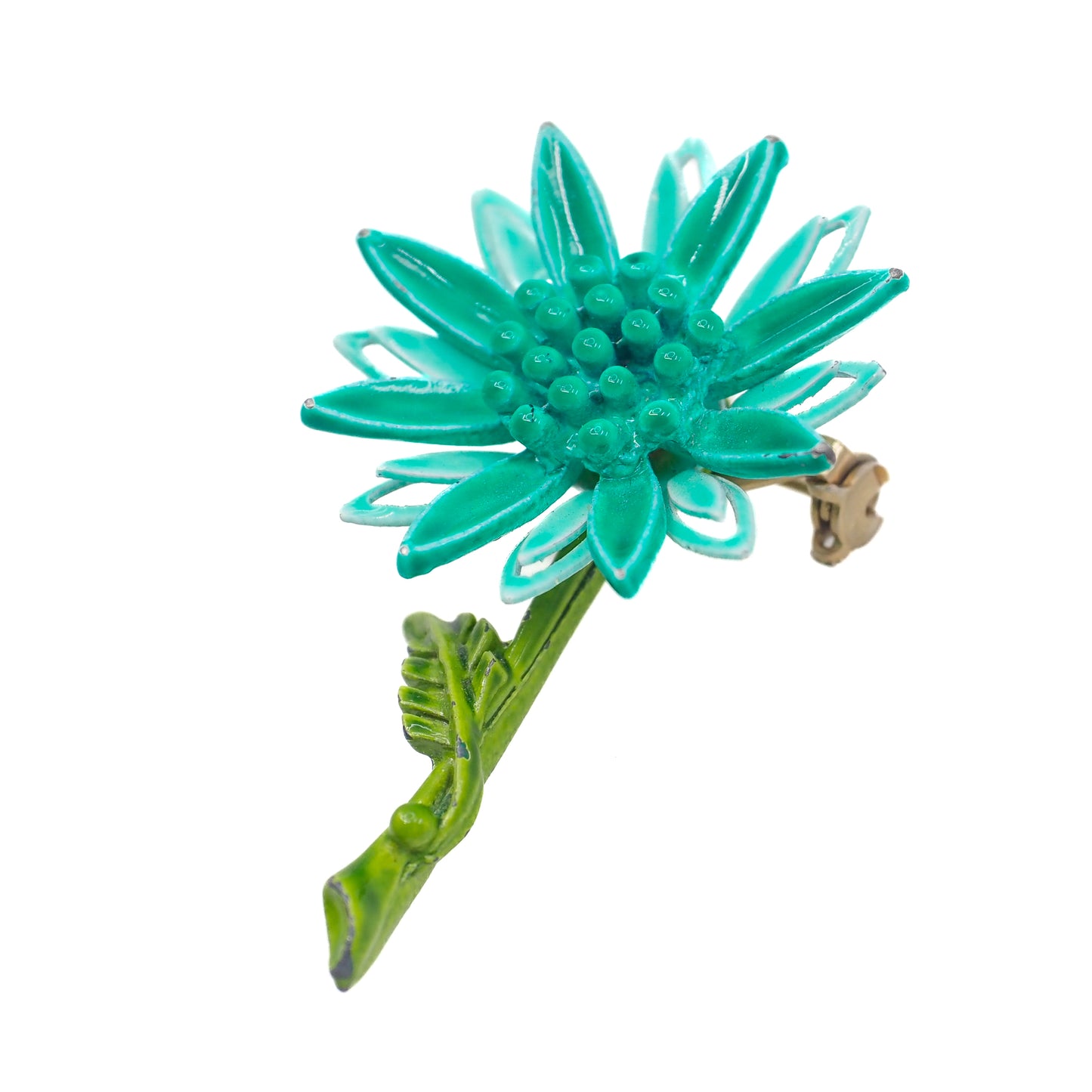 Vintage 1960s Blue Green Plastic Flower Floral Costume Brooch