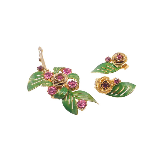 Vintage 1960s HOBE Pink Rhinestone Gold Plate Flower Leaf Enamel Brooch and Clip Earring Jewelry Set