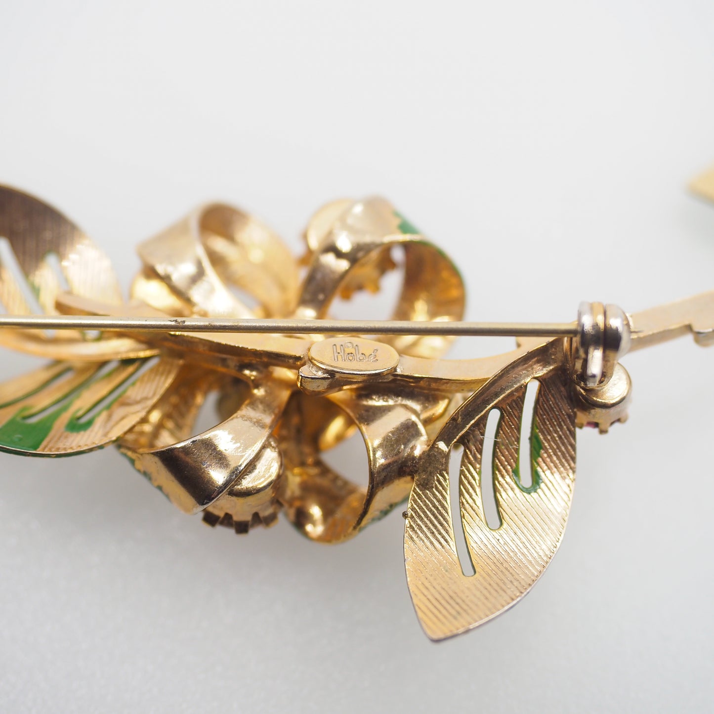 Vintage 1960s HOBE Pink Rhinestone Gold Plate Flower Leaf Enamel Brooch and Clip Earring Jewelry Set
