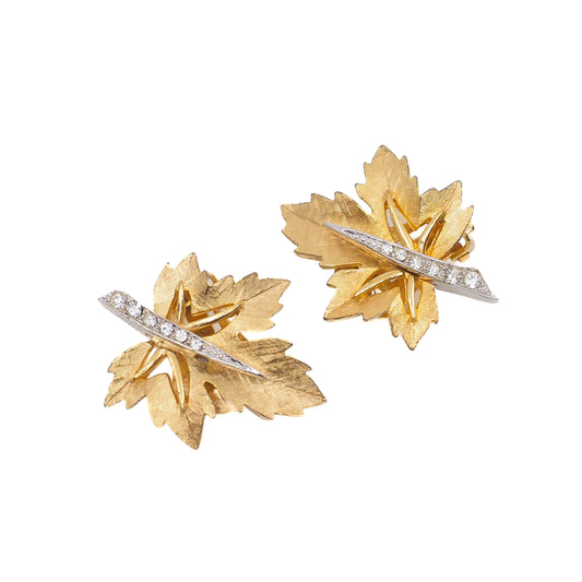 Vintage 1960s BOUCHER Gold Plated Leaf Rhinestone Clip On Non-Pierced Designer Costume Earrings