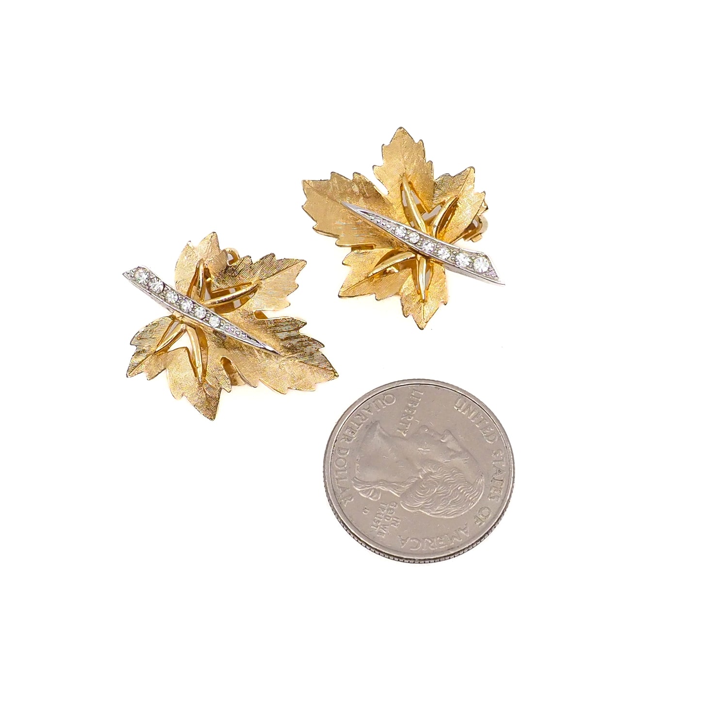 Vintage 1960s BOUCHER Gold Plated Leaf Rhinestone Clip On Non-Pierced Designer Costume Earrings