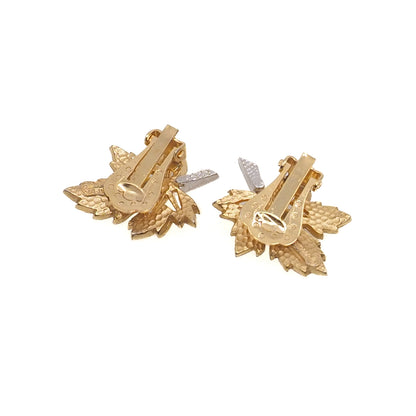 Vintage 1960s BOUCHER Gold Plated Leaf Rhinestone Clip On Non-Pierced Designer Costume Earrings