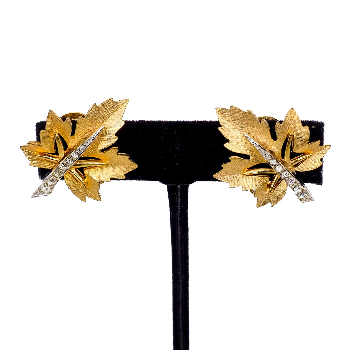Vintage 1960s BOUCHER Gold Plated Leaf Rhinestone Clip On Non-Pierced Designer Costume Earrings