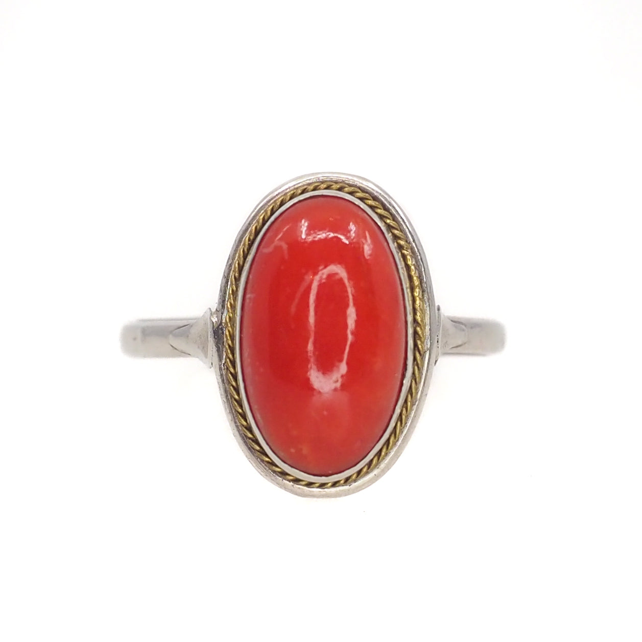 Vintage 1990s Italian Red Salmon Mediterranean and 800 Silver Cabochon Solitaire Ring Size 9.25