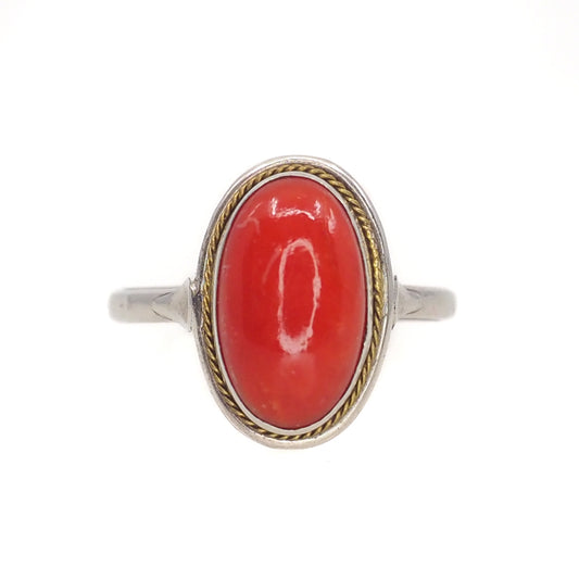 Vintage 1990s Italian Red Salmon Mediterranean and 800 Silver Cabochon Solitaire Ring Size 9.25