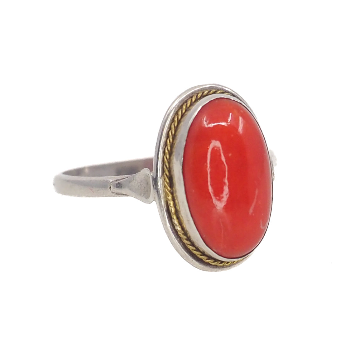 Vintage 1990s Italian Red Salmon Mediterranean and 800 Silver Cabochon Solitaire Ring Size 9.25