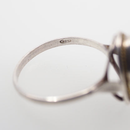 Vintage 1990s Italian Red Salmon Mediterranean and 800 Silver Cabochon Solitaire Ring Size 9.25