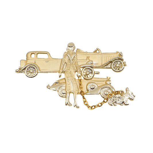 Vintage 1980s Woman Walking Scottie Dog with 40s Car Art Deco Style Large Brooch