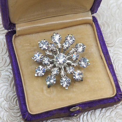 Vintage 1950s Starburst Flower Clear Rhinestone Atomic Fleur-de-Lis Costume Brooch