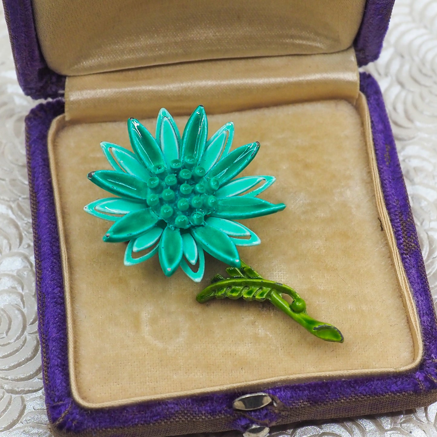 Vintage 1960s Blue Green Plastic Flower Floral Costume Brooch