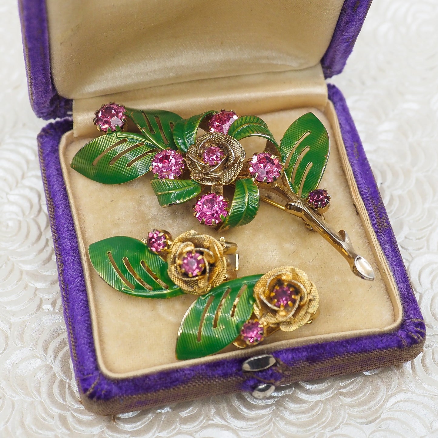 Vintage 1960s HOBE Pink Rhinestone Gold Plate Flower Leaf Enamel Brooch and Clip Earring Jewelry Set