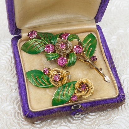 Vintage 1960s HOBE Pink Rhinestone Gold Plate Flower Leaf Enamel Brooch and Clip Earring Jewelry Set
