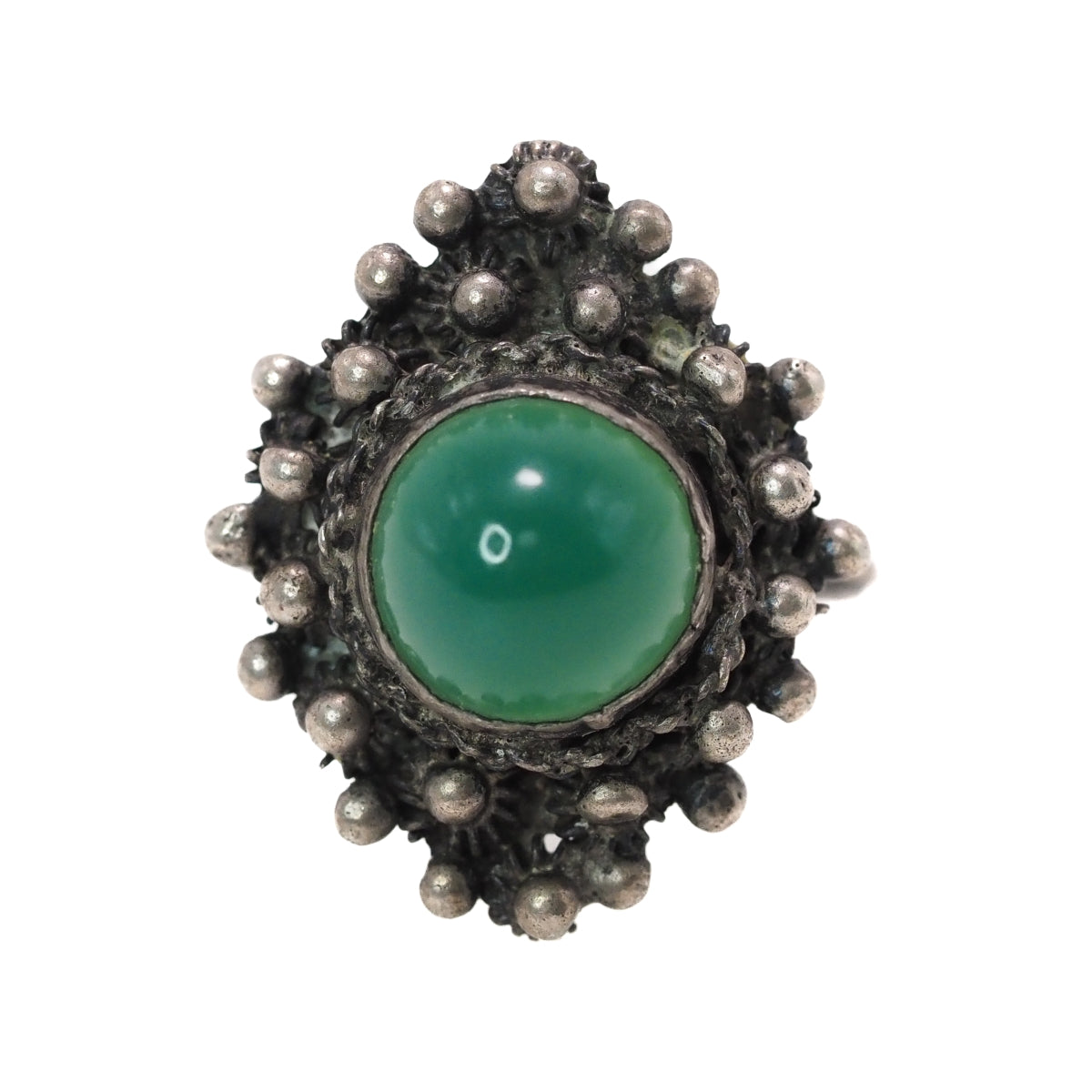 Vintage 1940s Green Chrysoprase and 800 Silver Cabochon Solitaire Marquise Ring Size 7.25 image 0