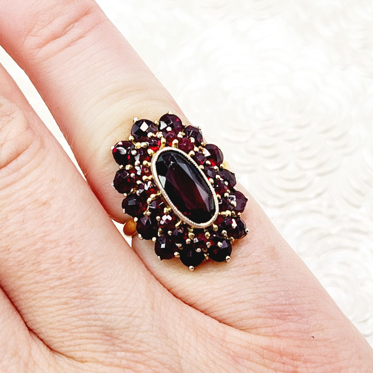 Vintage 1960s Rose Cut Pyrope Garnet Cluster and Gold Wash 900 Silver Pinky Ring Size 3 image 6