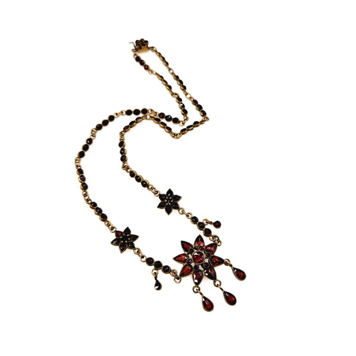 Antique 1900s Rose Cut Bohemian Garnet and Gilt Star Flower Choker Statement 17" Necklace image 4