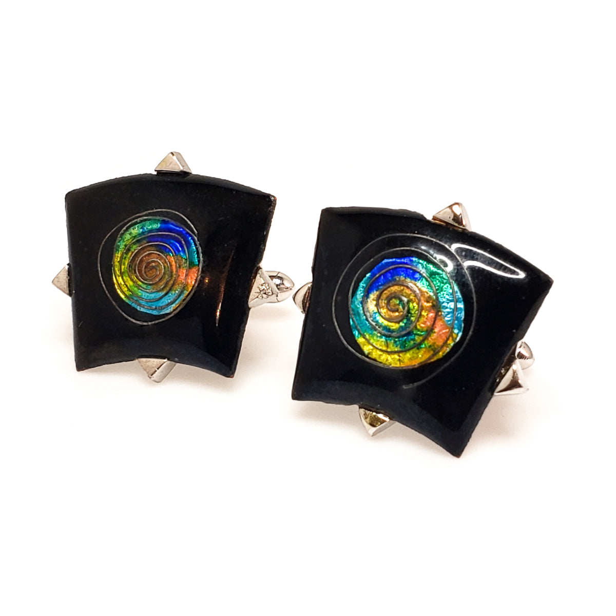 Vintage 1960s Large Art Glass and Silver Plate Black Rainbow Swirl Statement Unisex Cuff Links image 1