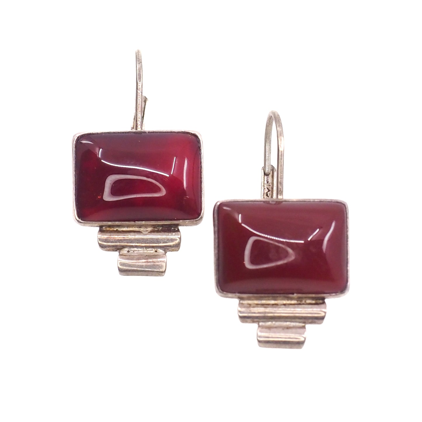 Vintage 90s Sterling Silver Red Carnelian Drop Earrings: Southwest Geometric Design