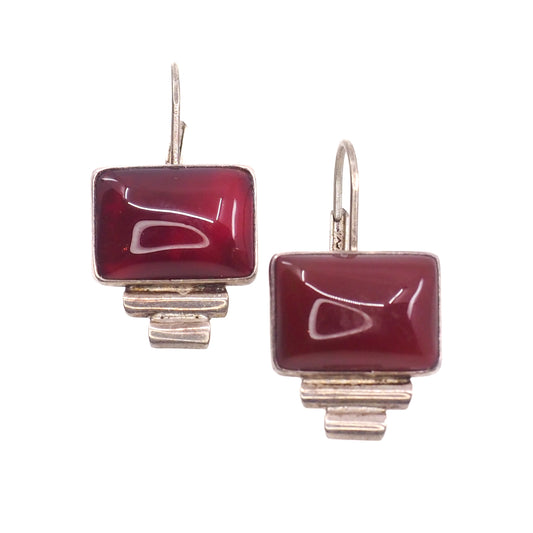 Vintage 90s Sterling Silver Red Carnelian Drop Earrings: Southwest Geometric Design