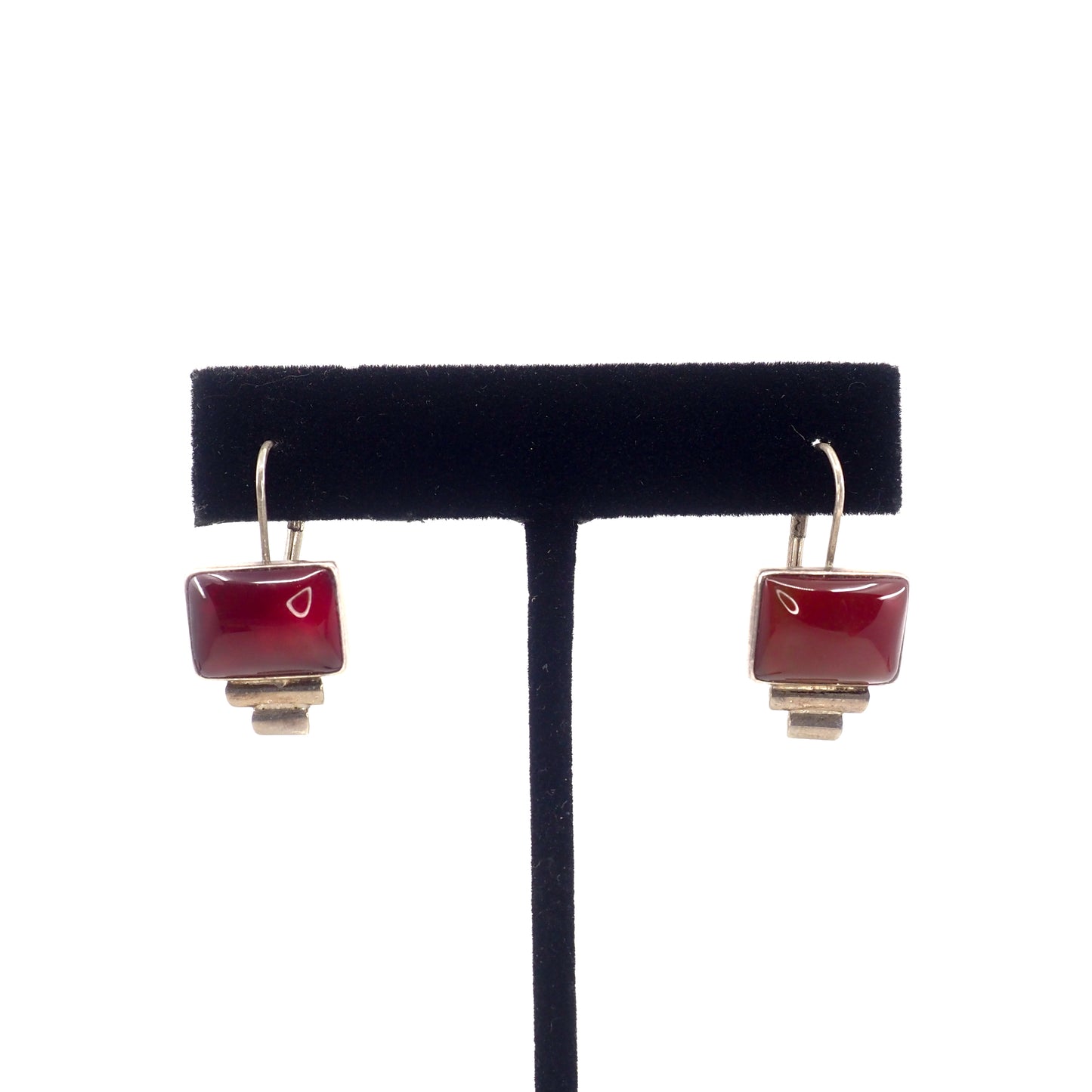 Vintage 90s Sterling Silver Red Carnelian Drop Earrings: Southwest Geometric Design