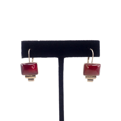Vintage 90s Sterling Silver Red Carnelian Drop Earrings: Southwest Geometric Design