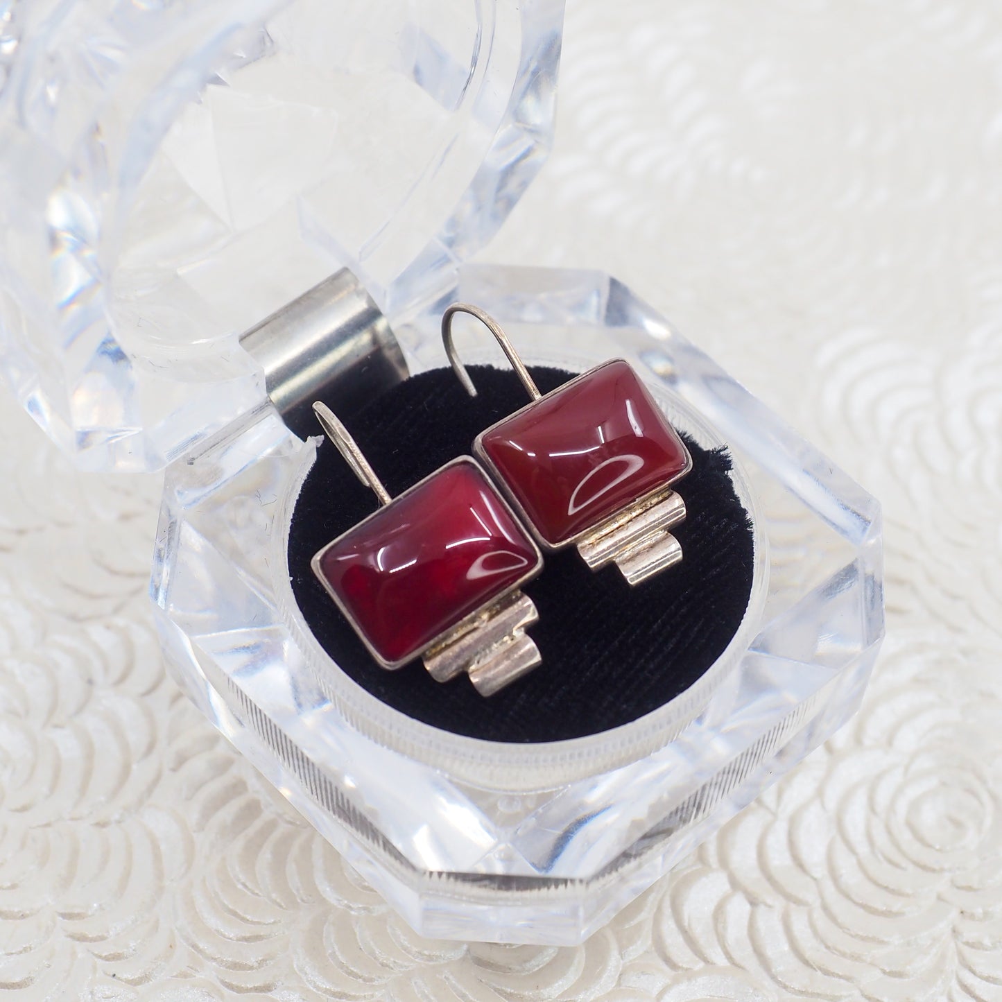 Vintage 90s Sterling Silver Red Carnelian Drop Earrings: Southwest Geometric Design