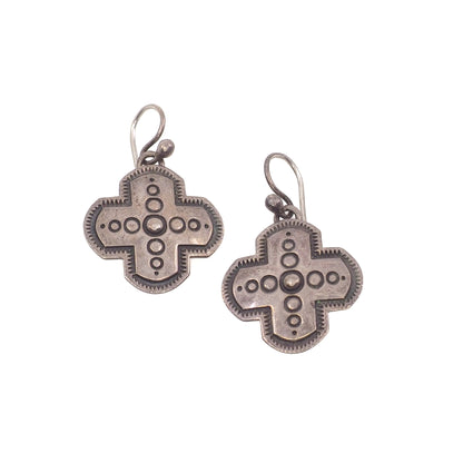 Vintage 1970s Sterling Silver Navajo Cross Drop Southwestern Native American Earrings