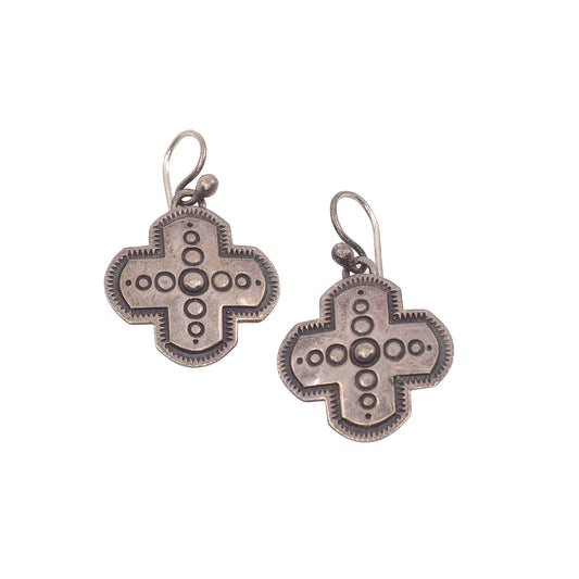 Vintage 1970s Sterling Silver Navajo Cross Drop Southwestern Native American Earrings